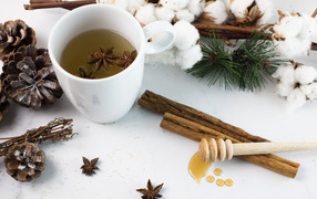 Чашка чая со специями на столе с хлопком и шишками