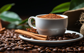 Чашка с молотым кофе и зернами на столе с корицей