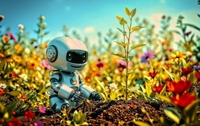 Игрушечный робот сидит на земле с растениями