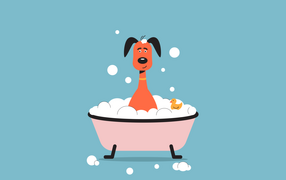 Собака в тазике с пеной на голубом фоне