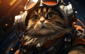 Пушистый серый кот пилот в шлеме