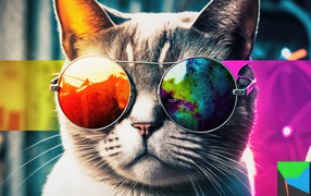 Серый кот в очках крупным планом