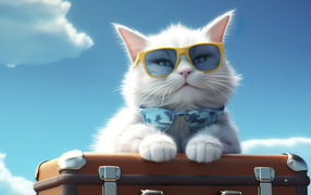 Довольный белый кот в очках на чемодане