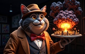 Кот в шляпе держит поднос с взрывающимся городом