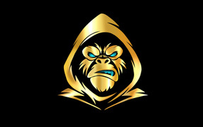 Желто бирюзовое изображение злой гориллы в капюшоне на черном фоне