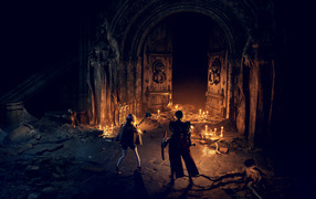 Персонажи у ворот в компьютерной игре Dungeon Stalkers, 2024