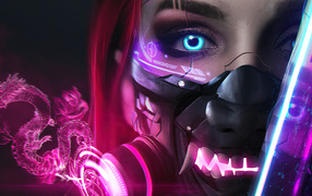 Девушка cyberpunk с голубыми глазами и маской на лице