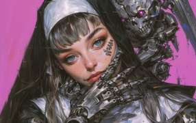 Девушка монашка киборг на розовом фоне