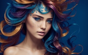 Bright multi-colored hair 3D girl