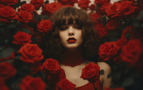 Красивая девушка в зарослях красных роз