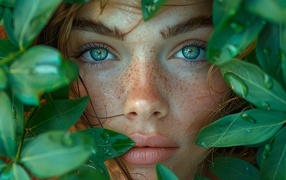 Красивая зеленоглазая девушка в зеленых листьях