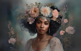 Темнокожая девушка с красивым венком из цветов на голове