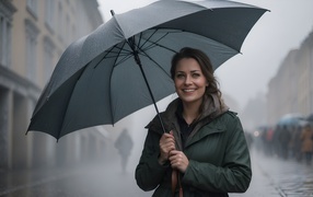 Улыбающаяся девушка под черным зонтом