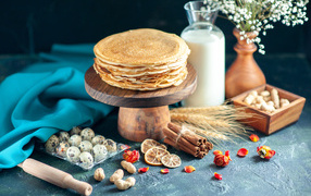 Appetizing thin pancakes on the table for Maslenitsa holiday