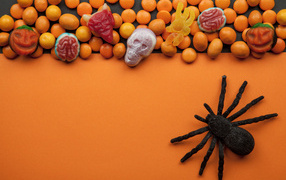 Sweets on an orange background with a black spider for Halloween