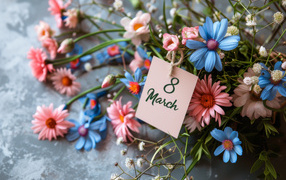 Букет розовых и голубых цветов на праздник 8 марта