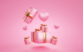 Подарки и сердечки на розовом фоне для любимой на день влюбленных
