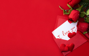 Письмо и букет роз на красном фоне на День Влюбленных