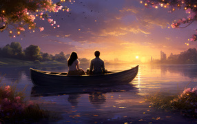 Влюбленная пара в лодке на озере на закате