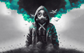 Мужчина в противогазе в дыму