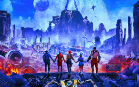 Персонажи фильма Бордерлендс на фоне города