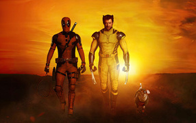 Персонажи фильма Дэдпул и Росомаха на фоне заката