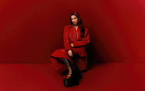 Британская певица Дуа Липа на красном фоне