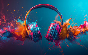 Наушники с брызгами краски на голубом фоне