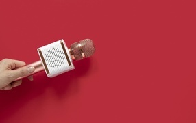 Радиомикрофон в руке на красном фоне