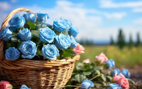 Букет голубых роз в корзине в лучах солнца