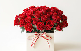 Букет красных роз в коробке на белом фоне