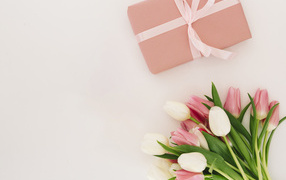 Букет тюльпанов с подарком на розовом фоне, шаблон открытки