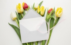 Букет тюльпанов с белым конвертом