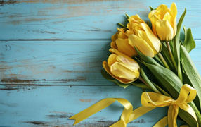 Букет желтых тюльпанов с лентой на голубом столе