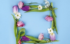 Рамка из разных цветов на голубом фоне