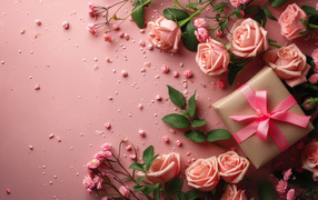 Подарок с розами на розовом фоне