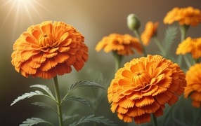 Оранжевые цветы бархатцы в лучах солнца