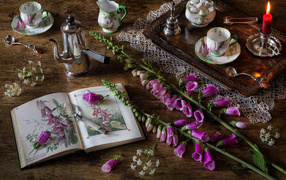 Розовые цветы на столе с книгой и чаем