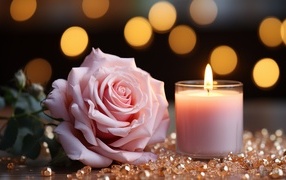 Розовая роза с зажженной свечой и камнями