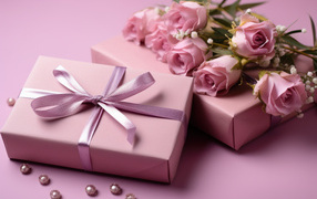 Розовые розы с подарками на столе