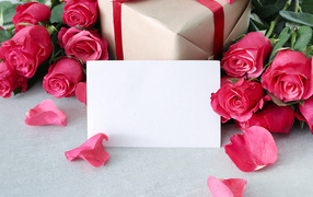 Sheet of paper with pink roses and gift for postcard