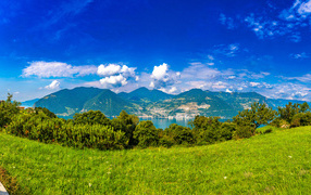 Beautiful panorama of mountains and green grass