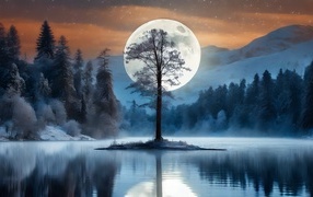 Big white moon behind a lonely tree near a lake in the mountains