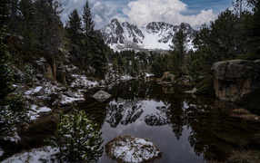 Холодная вода в озере с большими камнями на фоне гор