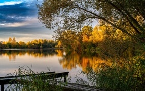 Вид на озеро и деревья  в лучах солнца осенью