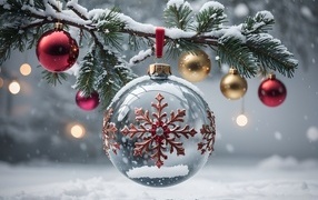 Красивый стеклянный шар со снежинкой на елке