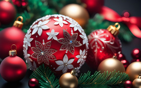 Красивый красный шар с цветами на елку