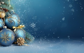 Синие шарики с еловой веткой на синем фоне, шаблон открытки