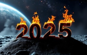 Горящие цифры 2025 на поверхности планеты в космосе