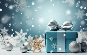 Подарок с игрушками на елку, шаблон для новогодней открытки